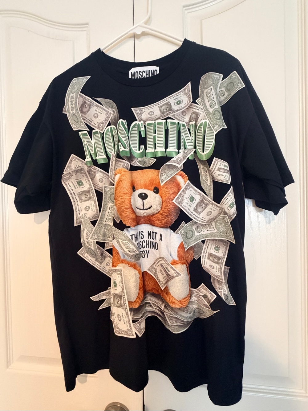 Moschino Black Teddy & Money Graphic Tee with Green Logo